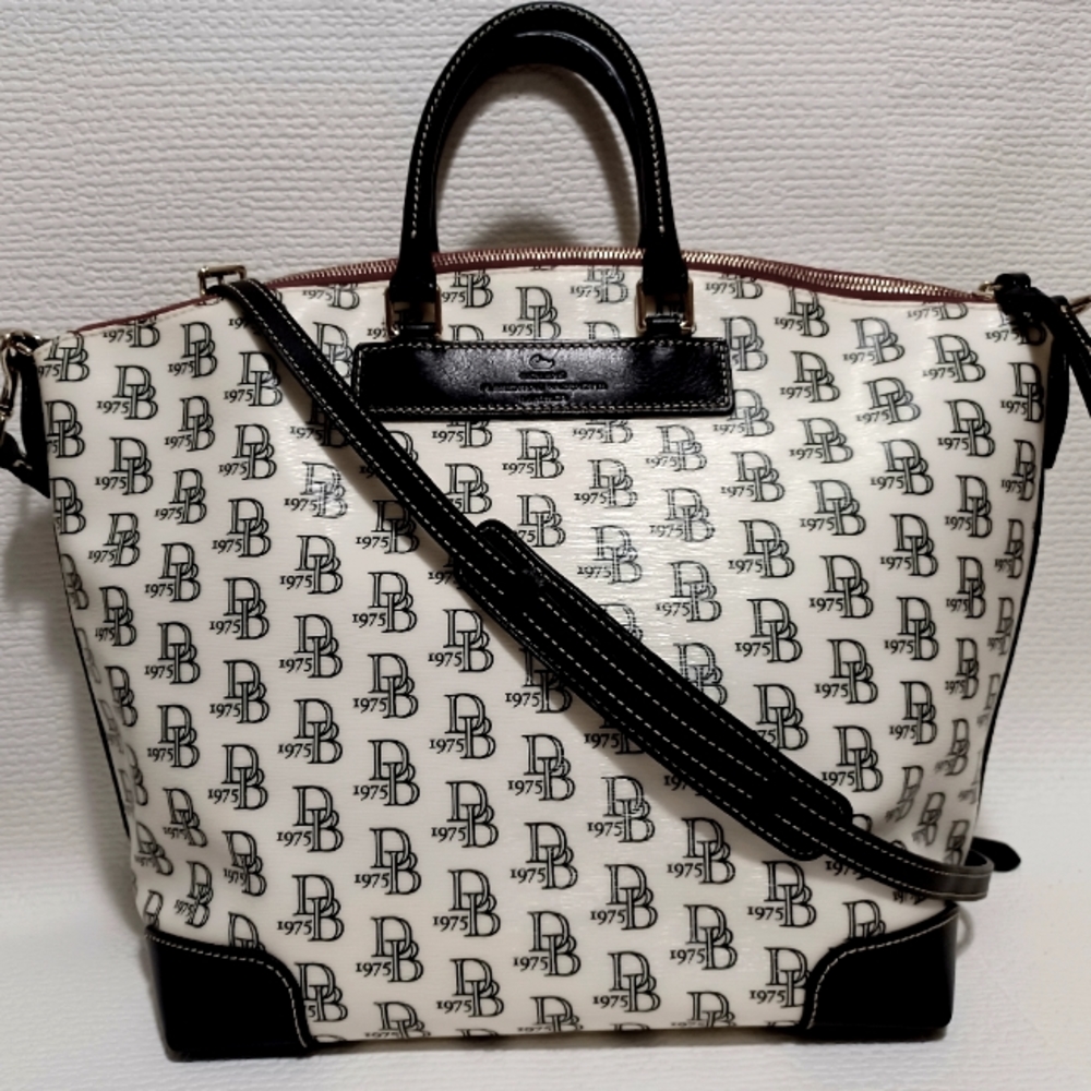 Dooney and Bourke Florentine Vacchetta Leather Black & White Large Satchel EUC